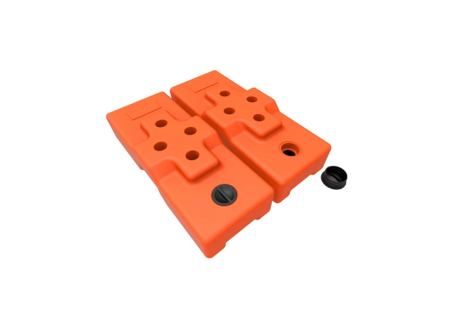 Orange water-fillable plastic counterweight base for temporary construction fence